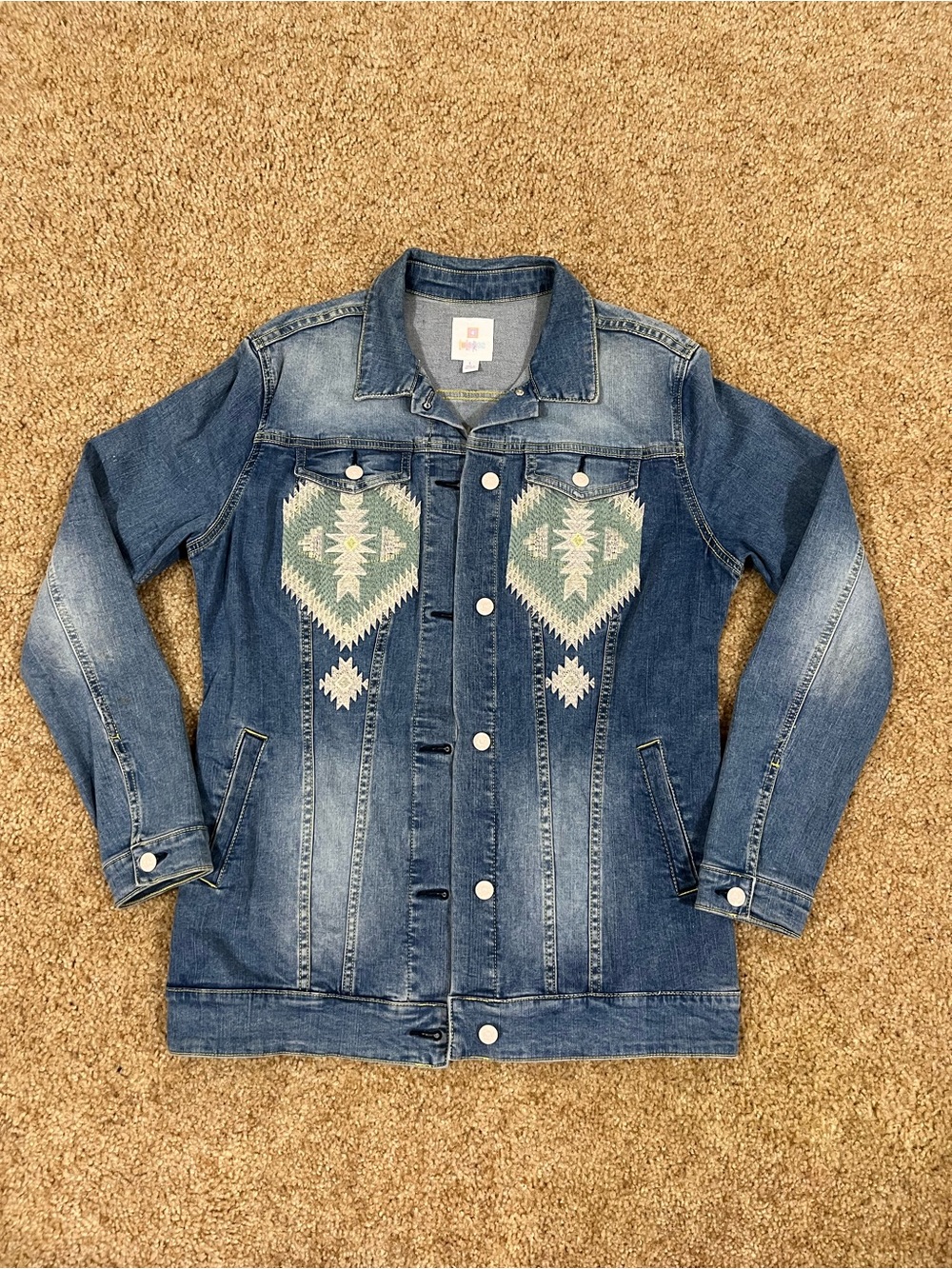 LuLaRoe Blue Denim Jacket with Aztec Embroidery Women’s Large